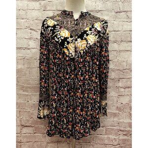 Free People Top XS Wildflower Fields Floral Shirt Black Flowy Long Sleeve Tunic